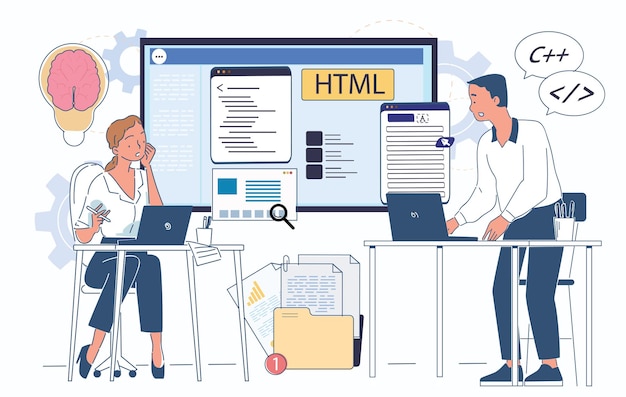Developers collaborating on html coding at desks with laptops digital screens showing code interface