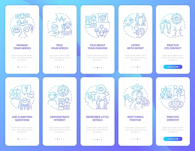 Developing charisma blue gradient onboarding mobile app screen set