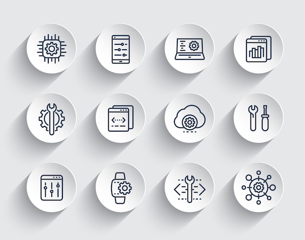 Development, configuration, engineering, settings, repair service line icons set