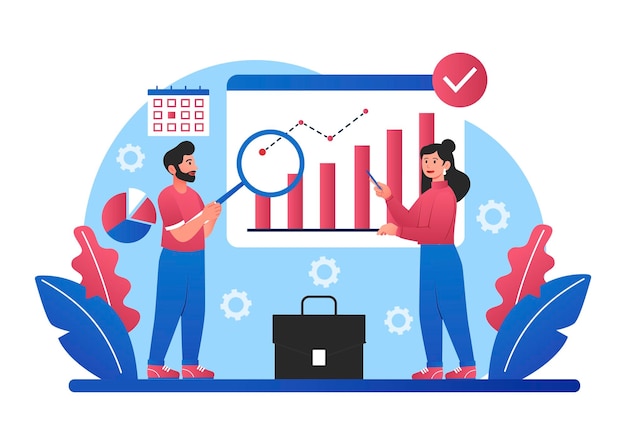 Development focus concept man and girl evaluating charts analytical department of company look at