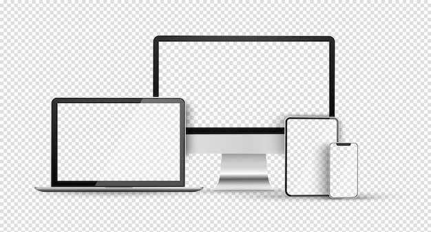 device set with empty screen blank computer monitor phone tablet and laptop