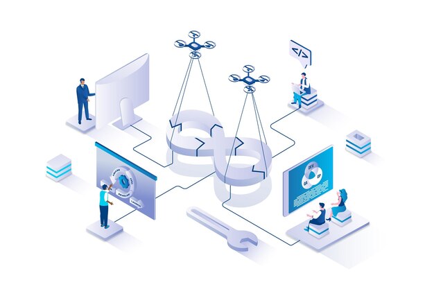 DevOps 3d isometric concept with isometry people design for web People working with programming and management system using job integration practice and agile cycles in project Vector illustration
