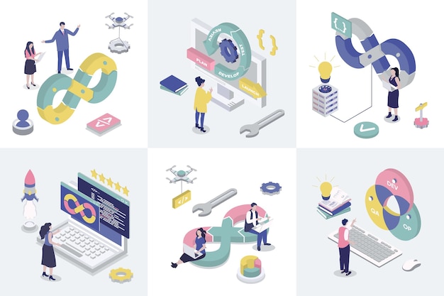 devops 3d isometry concept for web design collection set with isometric people using agile development operation practice programming creating and release products cycles vector illustration