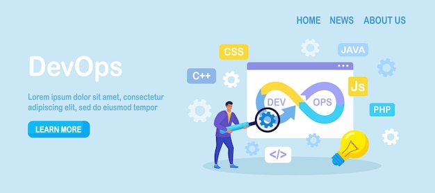 DevOps concept Continuous process of software administration and production Programmers practice of development and software operations Developer working on operations process programming code