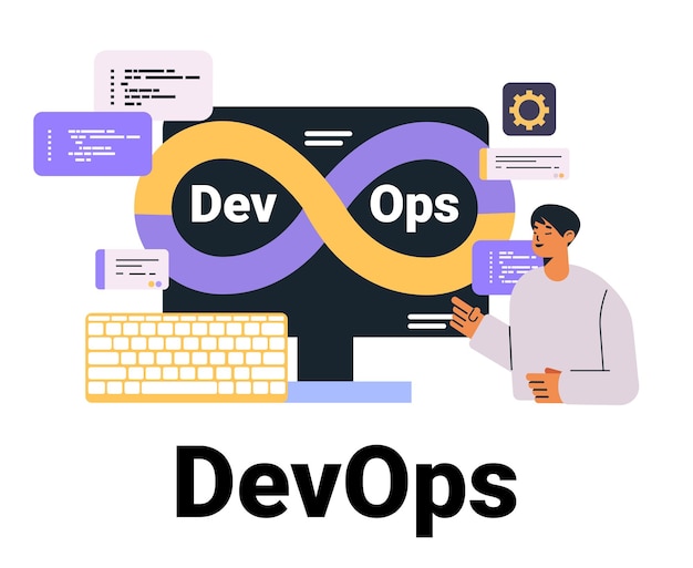 Devops concept with infinity loop symbol programmer interacting with computer code elements gear