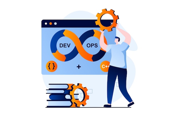 DevOps concept with people scene in flat cartoon design Man optimizes software creating processes implements practices of development operations in company Vector illustration visual story for web