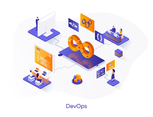 DevOps isometrisk illustration med personkarakterer
