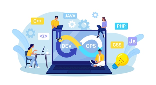DevOps-koncept Programmerares praktik för utveckling och programvaruoperationer Utvecklare som arbetar med driftprocessen teknisk support programmeringskod Programmerare som använder DevOps-metoden Vektordesign