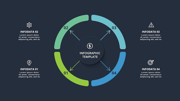 diagram concept for infographic with 4 steps options parts or processes template for web on a black background