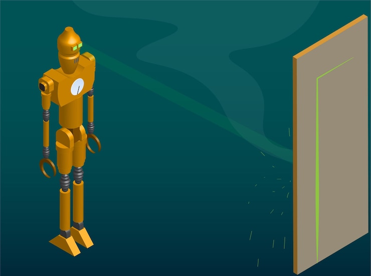 Vektor dieselpunk robot using a laset beam to cut a wall