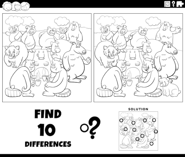 Differences activity with cartoon bears animals coloring page