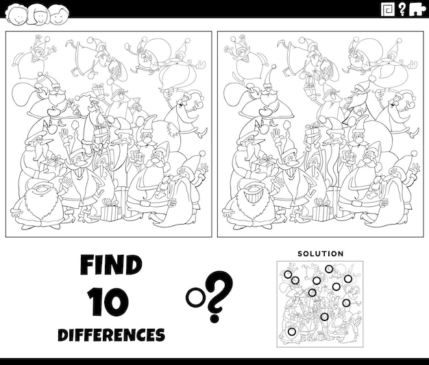 differences game with cartoon Santa Clauses coloring page