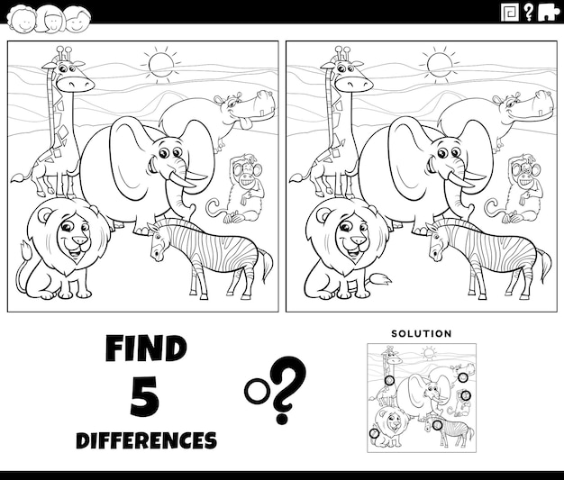 Differences game with cartoon wild animals coloring page