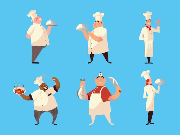 different chefs in uniform with soup dish fish and knife on blue