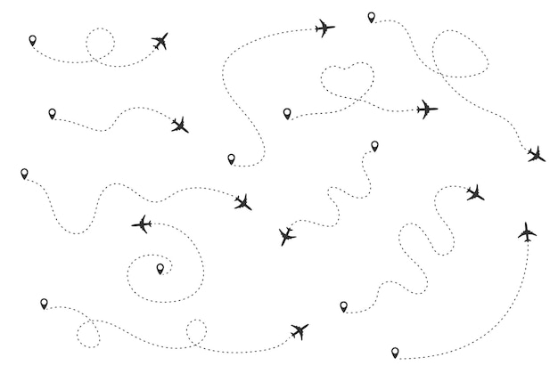 Different plane silhouettes with pathway and map pin Airplane flight direction