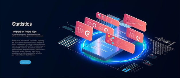 Different situations, people interact with charts, with a mobile phone Accounting, big data, blockchain technology isometric, mobile phone data visualization.