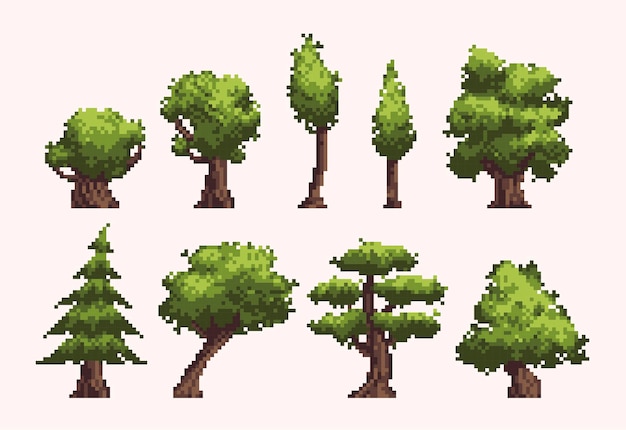 Different trees pixel art icon set Forest flora species logo collection