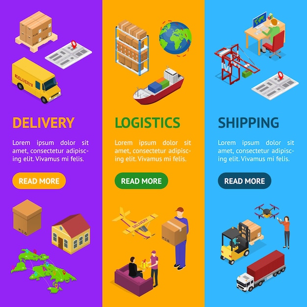 Different Types Warehouse 3d Banner Vecrtical Set Isometric View Logistic Transport Delivery and Shipping Business Service Vector illustration of Storage