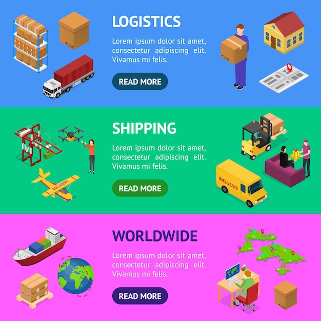 Different Types Warehouse 3dBanner Horizontal Set Isometric View Logistic Transport Delivery and Shipping Business Service Vector illustration of Storage