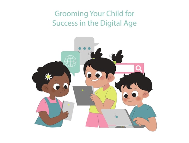 Digital age success concept trio of kids with tablets learning internet navigation encouraging tech