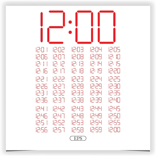 Digital clock closeup displaying 12 o'clock Red Digital clock number set electronic figures Premium Vector