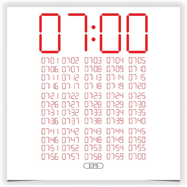 Digital clock closeup displaying 7 o'clock Red Digital clock number set electronic figures Premium Vector