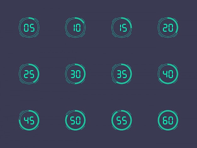 Digital clock number set with five minutes interval. Electronic figures