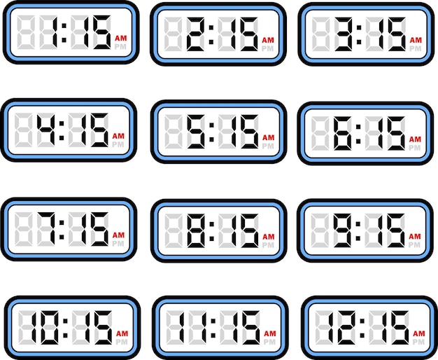 Digital Clock Time Flat Vector Set with 12 Hours Formats