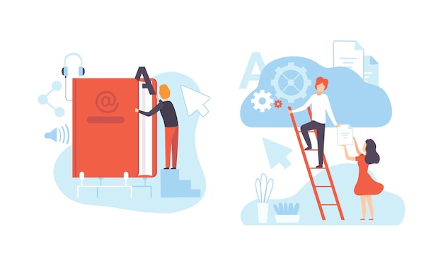 Digital Content Creating Technology Process of Articles and Media Materials Uploading Flat Vector Illustration
