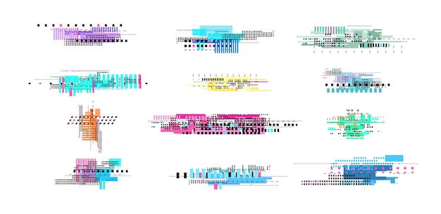 Digital decay elements. Geometric glitch, abstract art tv noise effect. Retro pixel texture, isolated broken distorted video vector elements. Glitch damage decay, distortion texture illustration