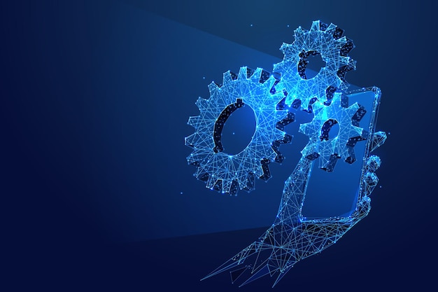 digital gears on a cellphone. 3d vector polygonal line background