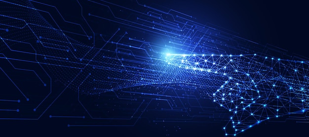 digital hand warframe and blue energy tech lines abstract digital design with technology light lines