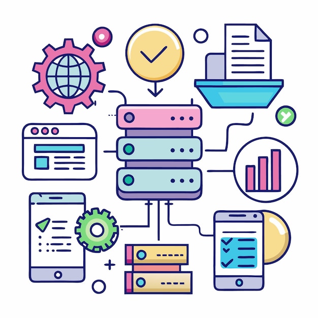 Digital information technology network data processing server cloud web and mobile connected by lines