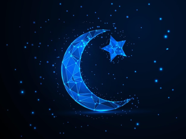 Digital Low Poly ramadan kareem Moon and Star in Night Sky with Glowing Blue Stars