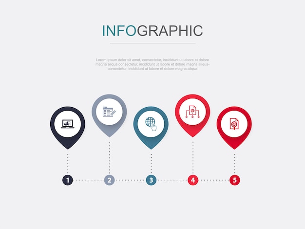 Digital marketing blog internet Content management Marketing research icons Infographic design layout design template Creative presentation concept with 5 steps