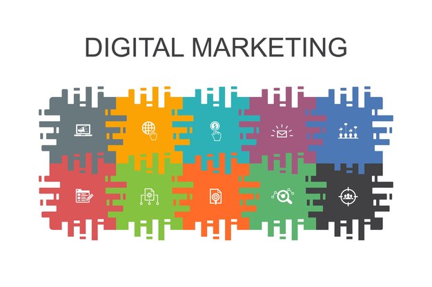 Digital marketing cartoon template with flat elements. Contains such icons as internet, Marketing research, Social campaign, Pay per click