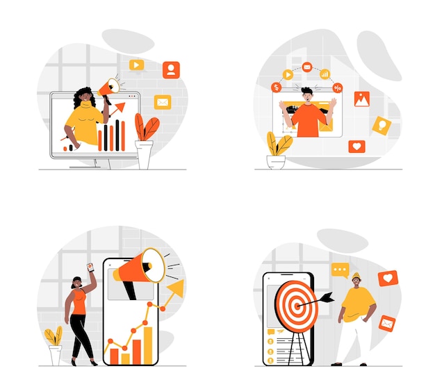 Digital marketing concept with character set Collection of scenes people create viral and creative advertising promote business target audience online Vector illustrations in flat web design