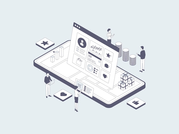 Digital Marketing Isometric Illustration Lineal Grey. Suitable for Mobile App, Website, Banner, Diagrams, Infographics, and Other Graphic Assets.