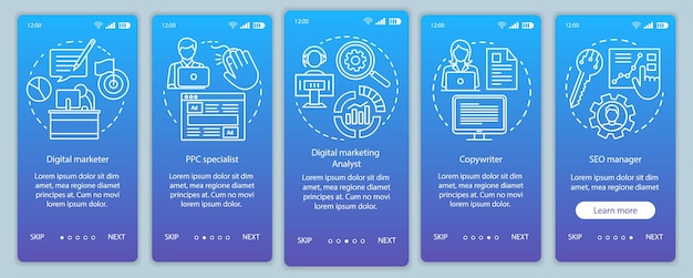 Digital marketing specialties blue onboarding mobile app page screen with linear concepts