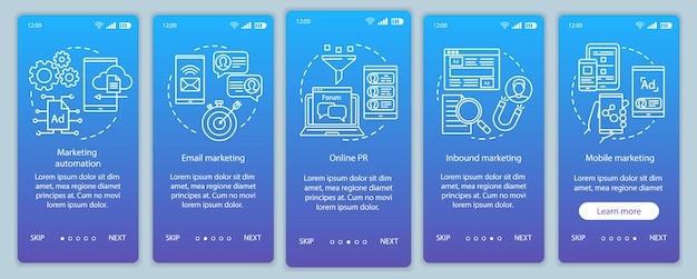 Digital marketing taktik blå onboarding mobilapp side skærm vektor skabelon