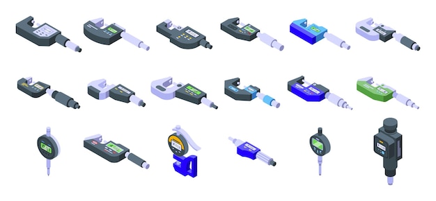 Digital micrometer icons set isometric vector. Ruler caliper. Centimeter device