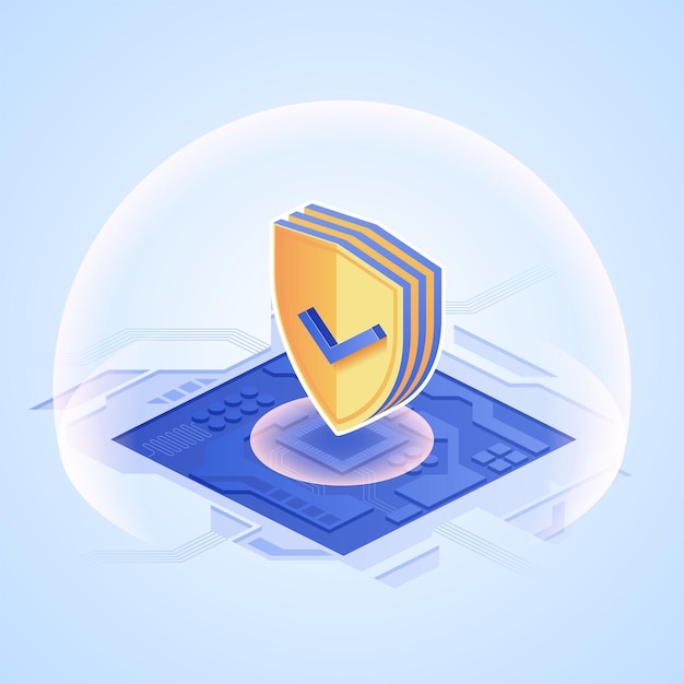 digital protection concept shield with checkmark on microchip in isometric design