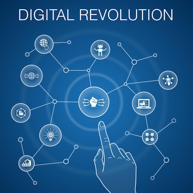 Digital revolution concept blue background internet blockchain innovation industry 40 icons