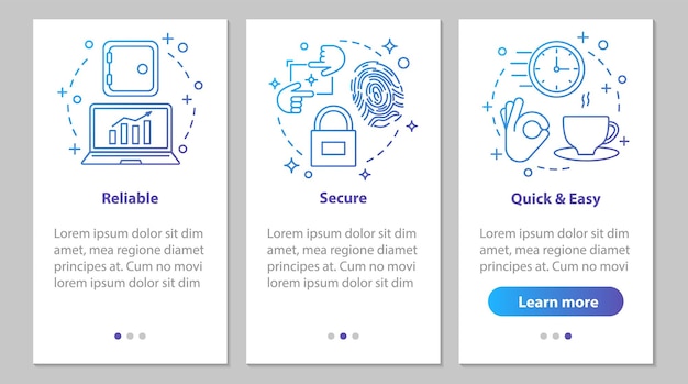 digital services onboarding mobile app page screen with linear concepts. business software. security, quick and easy launch, reliable service steps instructions. ux, ui, gui vector illustrations