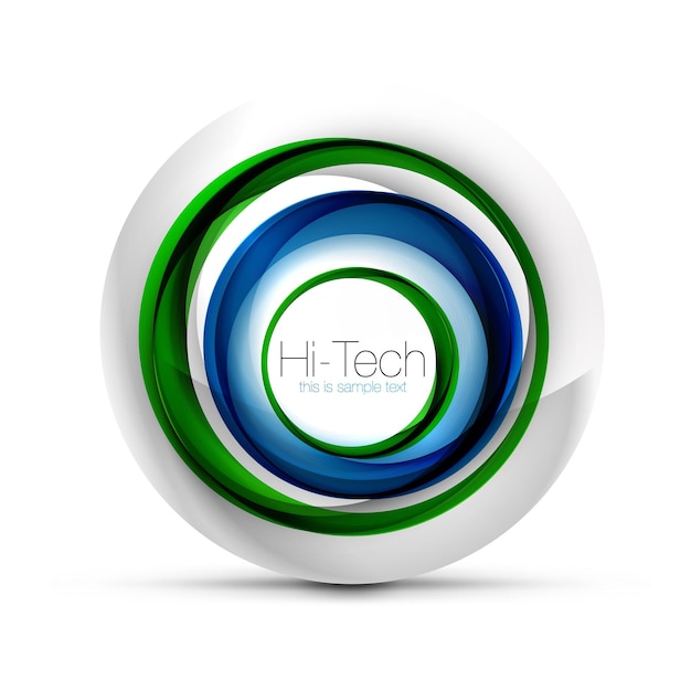 Digital techno blue color sphere web banner button or icon with text Glossy swirl color abstract circle design hitech futuristic symbol with color rings and grey metallic element Vector illustration