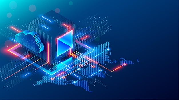 Digital technology conceptual banner Cube or block consists matrix of digits Block chain of abstract data communication with world map through internet Cloud computing networking shared access