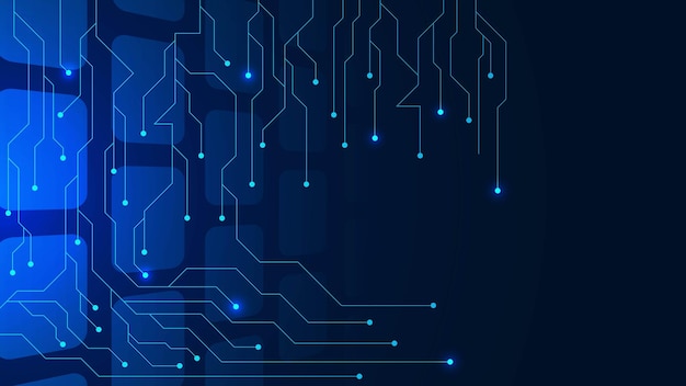 digital technology with blue circuit board on a dark blue background electronic computer network
