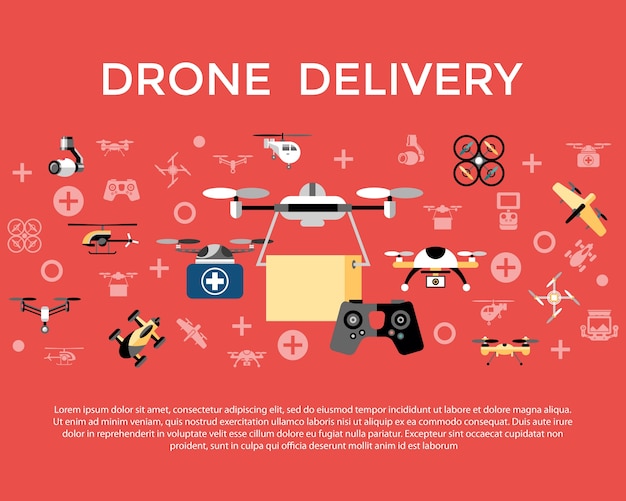 Digital vektor flyvende drone leveringsobjekter ikon sæt kollektion