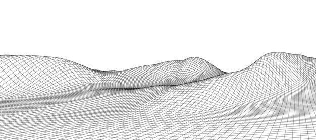 Digital wavy wireframe landscape Futuristic linear undulating terrain Digital cyberspace in mountains with valleys Vector illustration