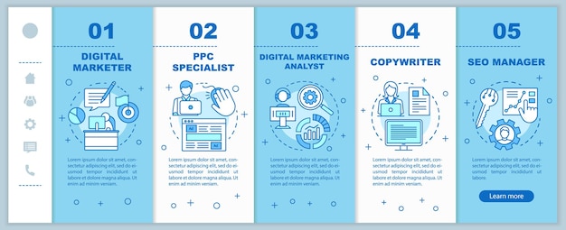 Digitale markedsføringsspecialiteter onboarding mobile websider vektor skabelon